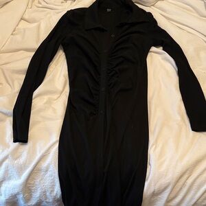 SHEIN Black Ruched Button-Front Long Sleeve Dress